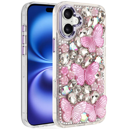 Phone Case for Apple iPhone 17 Luxury 3D Floral Butterfly Bling Rhinestone Glitter Shockproof Stylish Protective Hybrid Designer Metallic Cover Purple