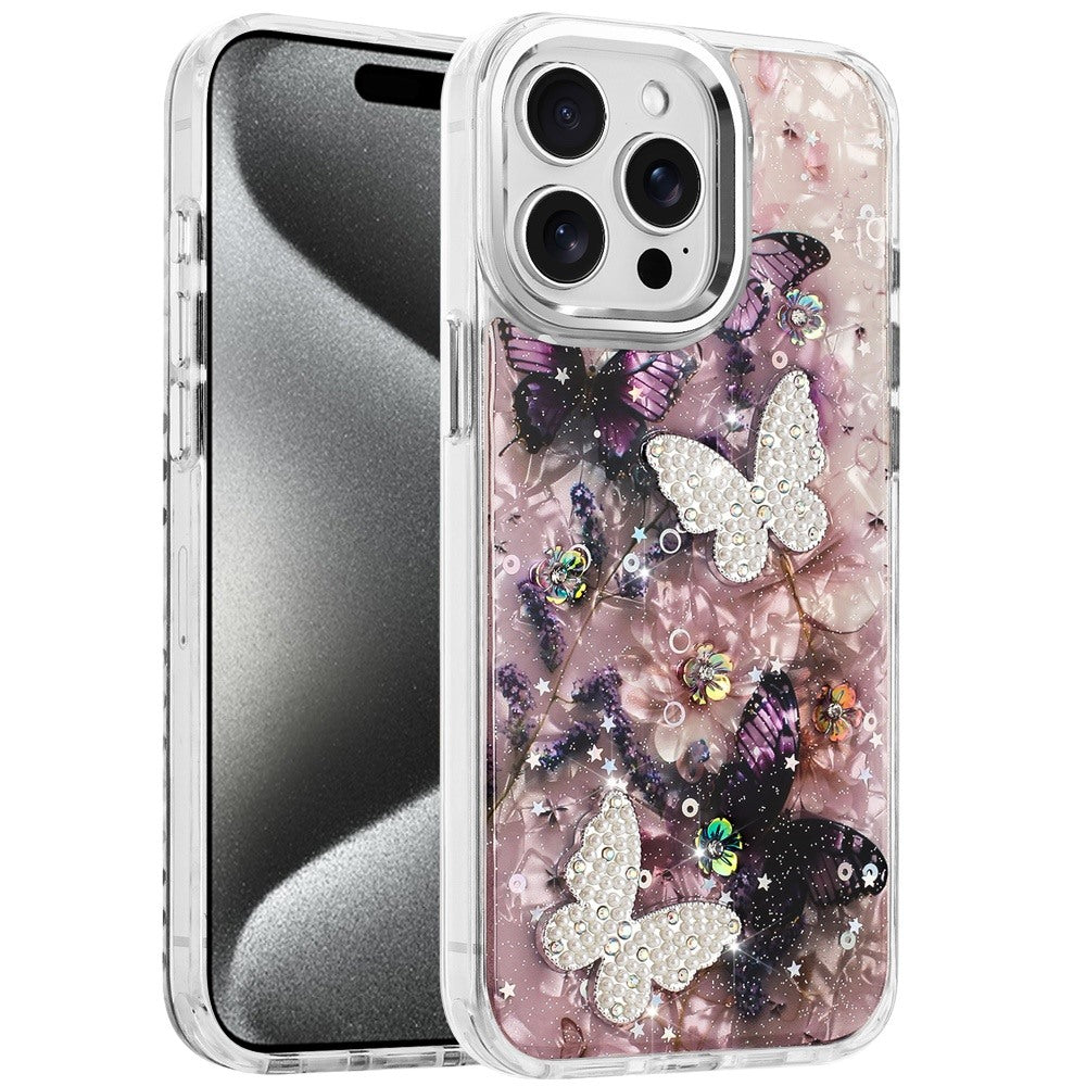 For Apple iPhone 15 Pro Max Epoxy Glitter Flowers Bling 3D Butterfly Fashion TPU Hybrid with Shockproof Protection Case Cover