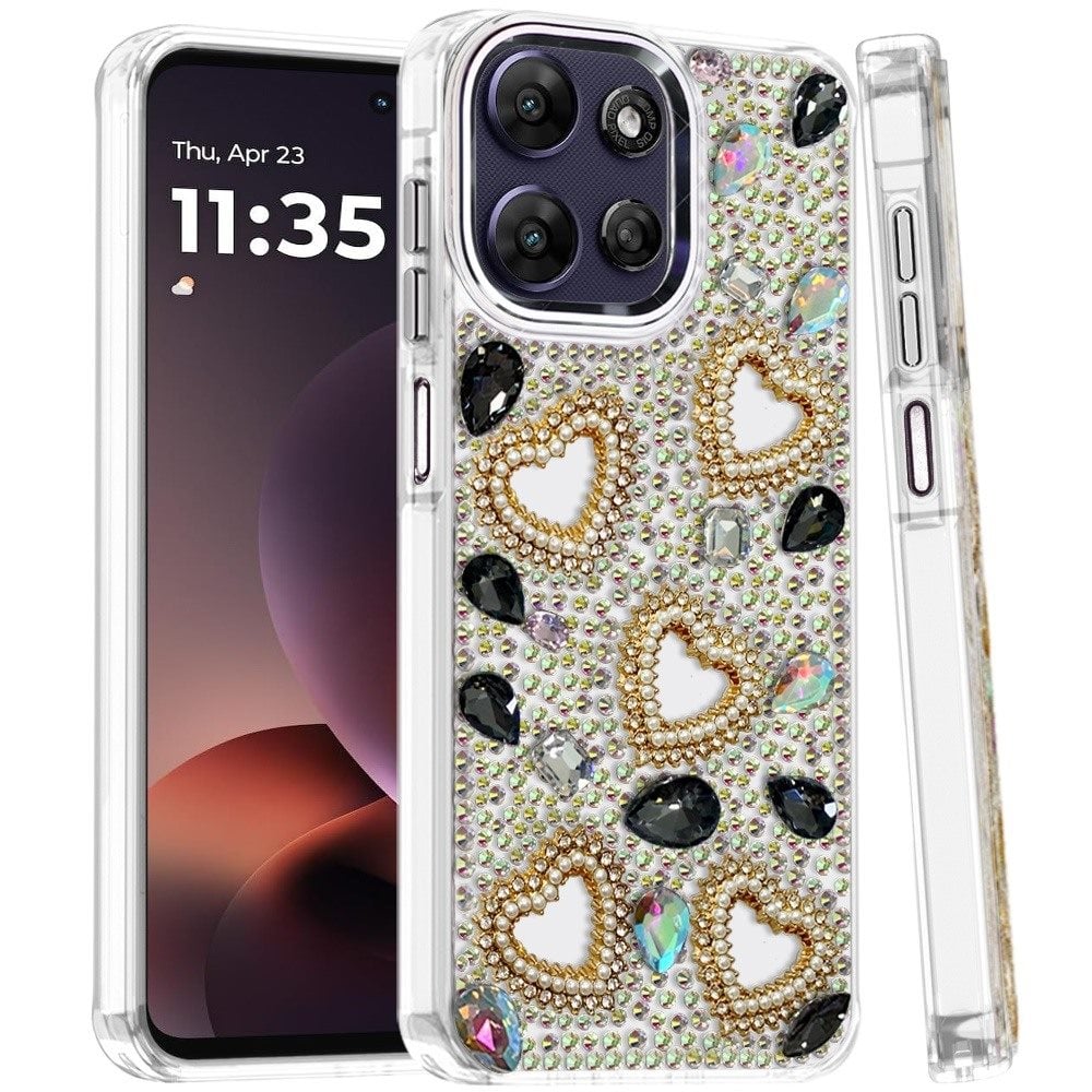 Phone Case for Moto G Power 5G (2026/2025) Luxury Crystal Heart Rhinestone Diamond Bling Shockproof Hybrid Glitter Protective Stylish Durable Grip Cover