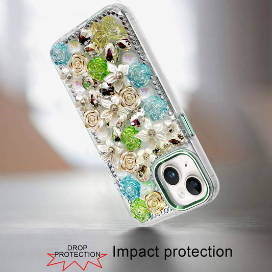 Phone Case for Apple iPhone 15 Luxury Rose Bling Rhinestone Glitter Floral Hybrid Shockproof Stylish Protective Designer Ornament Sparkle Cover Green