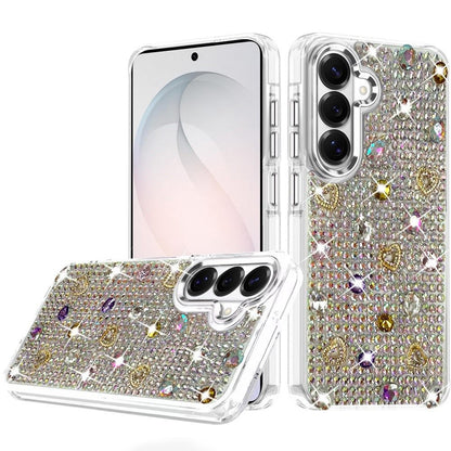 Phone Case for Samsung Galaxy S26 FE /Fan Edition Chrome Fashion Hybrid Bling Diamond Heart Rhinestone Decorative Stones Sparkling Embellished Design Cover Silver