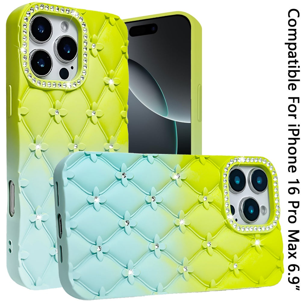 For iPhone 16 Pro Max (6.9") Fashion Flower Design Sparkle Glitter Shimmer Rhinestone Bling Floral Accents, Leather Texture TPU Case Cover