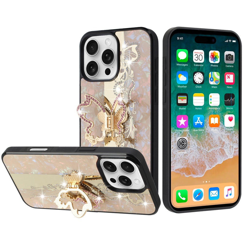 For Apple iPhone 16 Pro Max (6.9") Diamond Bling Sparkly 3D Back Ornaments Engraving Hybrid with Stand Fashion Case Cover Enchanted Butterfly Gold