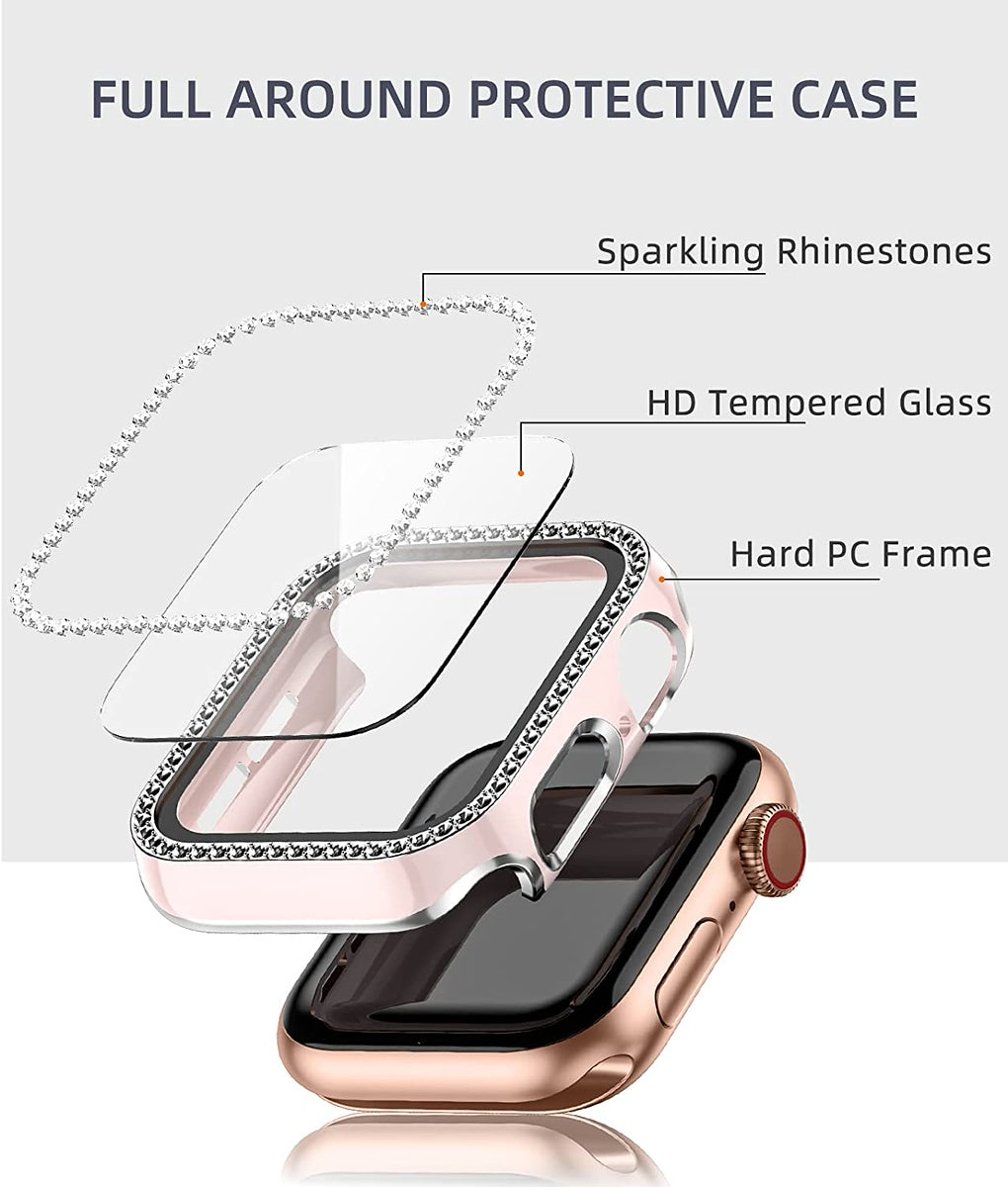 For Apple Watch Size 42mm Luxury Bling Cover Diamond Electroplate Rhinestone Bumper Protective Frame with Tempered Glass Screen Protector Case Cover