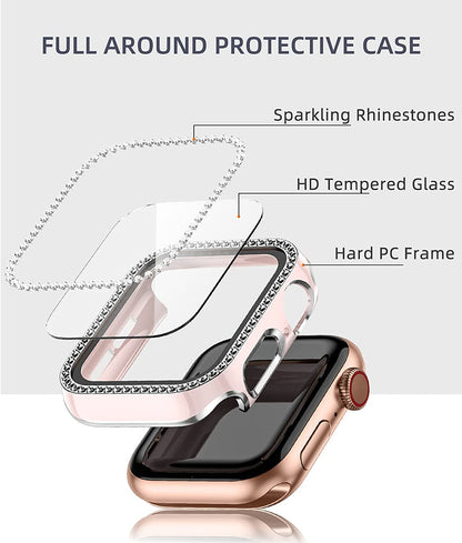 For Apple Watch Size 42mm Luxury Bling Cover Diamond Electroplate Rhinestone Bumper Protective Frame with Tempered Glass Screen Protector Case Cover