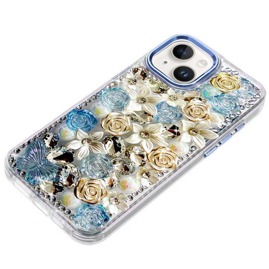 Phone Case for Apple iPhone 15 Luxury Rose Bling Rhinestone Glitter Floral Hybrid Shockproof Stylish Protective Designer Ornament Sparkle Cover Blue