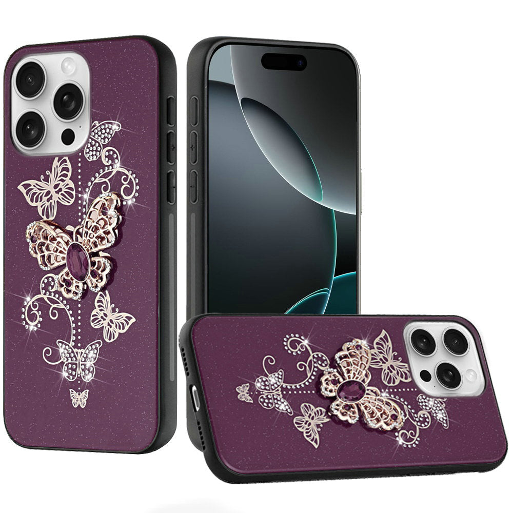 Phone Case for iPhone 16 Pro Max Diamond Glitter 3D Butterfly Engraved Luxury Bling Hybrid Shockproof Chrome Edge Protective Durable Grip Cover Purple