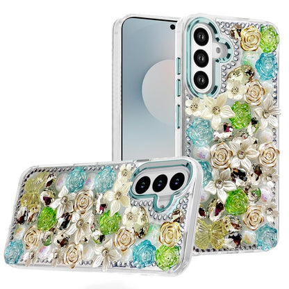 For Samsung Galaxy S25 FE, S25 Fan Edition 3D Diamond Floral Roses Flower Bling Stone Hybrid, Sparkly Rhinestone Gemstone Back Shockproof Case Cover Green