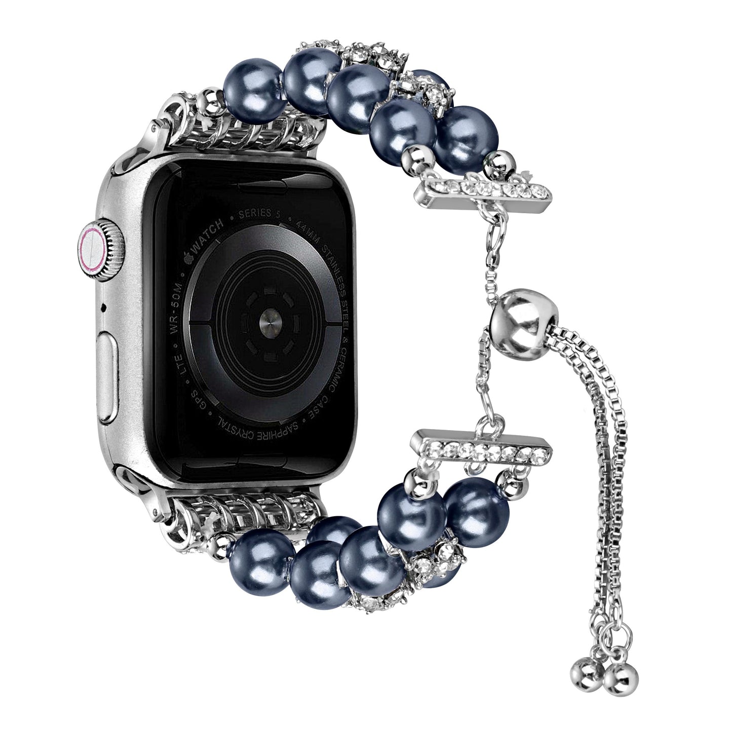 Watch Band for Apple Watch 42/44/45/46mm & Ultra 49mm, Series 4-10 & SE Pearls Fashion Bling Strand Metal Adjustable replacment Bracelet Style with Secure Attachment