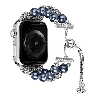 Watch Band for Apple Watch 42/44/45/46mm & Ultra 49mm, Series 4-10 & SE Pearls Fashion Bling Strand Metal Adjustable replacment Bracelet Style with Secure Attachment