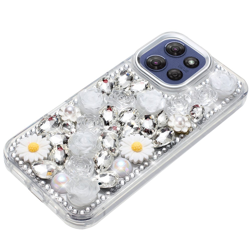For Motorola Moto G Stylus 5G 2026 /2025 Fashion Daisy Floral Series, Full 3D Bling Crystal Diamonds Sparkling Rhinestone Glitter Hybrid Design Case Cover White