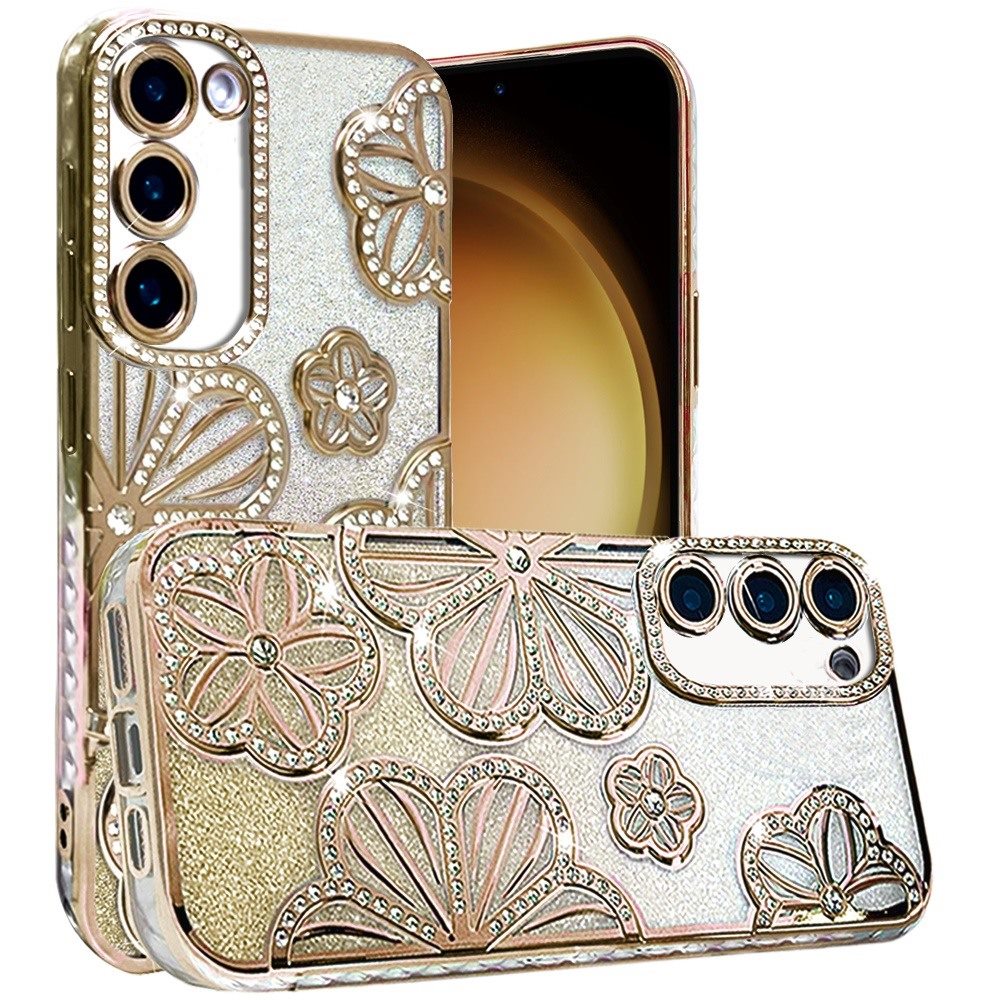 Phone Case for Samsung Galaxy S23 Shimmer Glitter Floral Thick TPU Shockproof Durable Grip Camera Protection Anti-Scratch Stylish Design Cover Gold