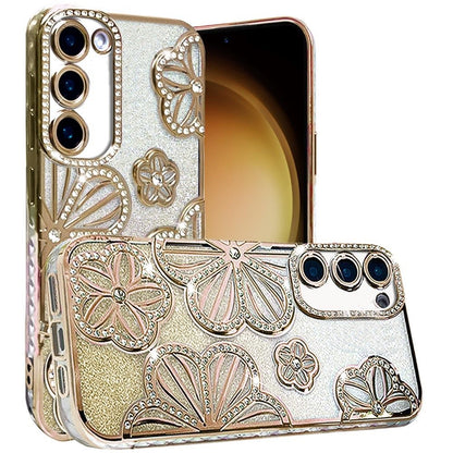 Phone Case for Samsung Galaxy S23 Shimmer Glitter Floral Thick TPU Shockproof Durable Grip Camera Protection Anti-Scratch Stylish Design Cover Gold
