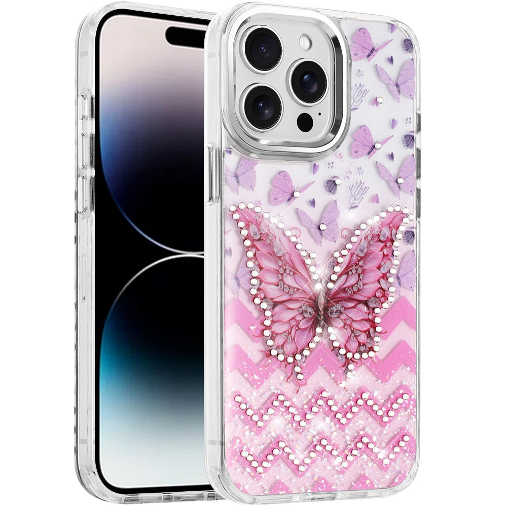 Phone Case for Apple iPhone 14 Pro Max Butterfly Resin Epoxy Diamond Bling Metal Edge Shockproof Hybrid Luxury Protective Durable Stylish Fashion Grip Cover Light Pink