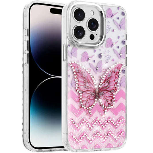 Phone Case for Apple iPhone 14 Pro Max Butterfly Resin Epoxy Diamond Bling Metal Edge Shockproof Hybrid Luxury Protective Durable Stylish Fashion Grip Cover Light Pink