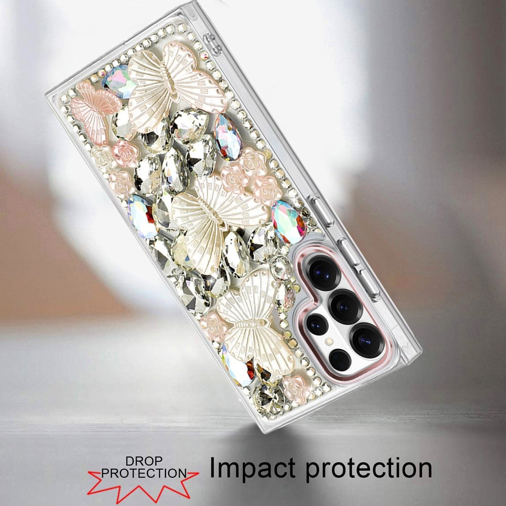 Phone Case for Samsung Galaxy S24 Ultra Luxury 3D Floral Butterfly Bling Rhinestone Glitter Shockproof Stylish Protective Hybrid Designer Metallic Cover Gold