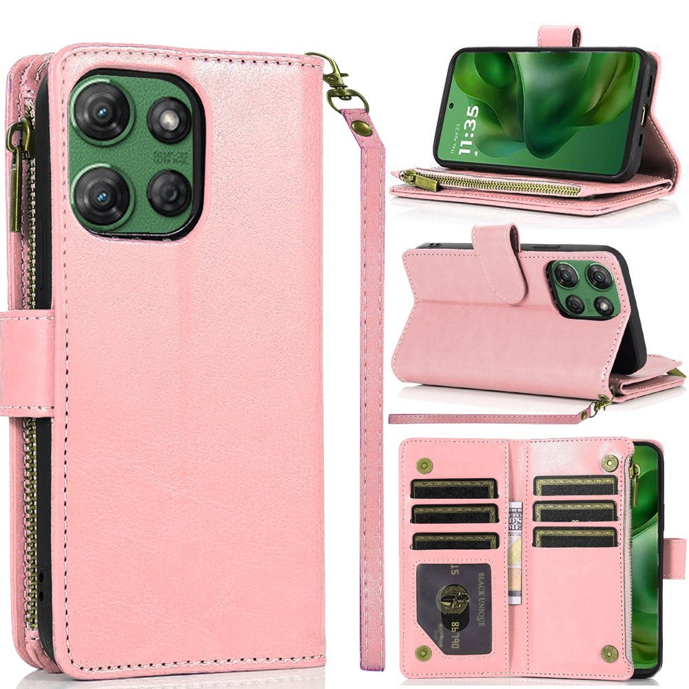 For Samsung Galaxy A37 Leather Wallet Case with Zipper, 9 Card Slots, Cash Pocket, Stand & Strap, Clutch Pouch Design Case Cover Rose Gold