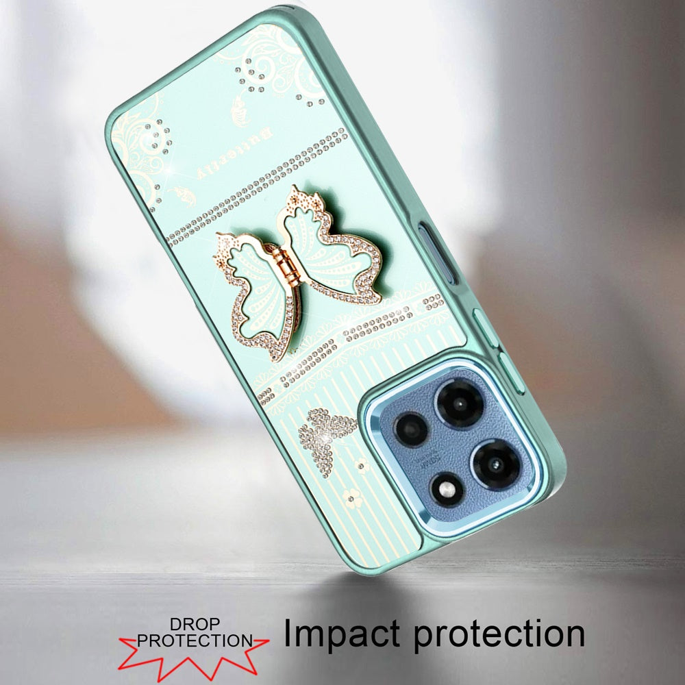 Phone Case for Motorola Moto G Play 5G 2026 Glitter Bling Butterfly Stand Metallic Edge Hybrid Shockproof Grip Durable Camera Protection Stylish Design Cover Teal