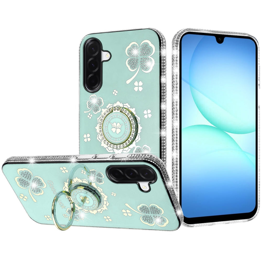 Phone Case for Galaxy A17 5G Glitter Diamond Ring Stand Sparkle Rhinestone Edge AntiSlip Kickstand Luxury Fashion Bumper Shockproof Cover Green