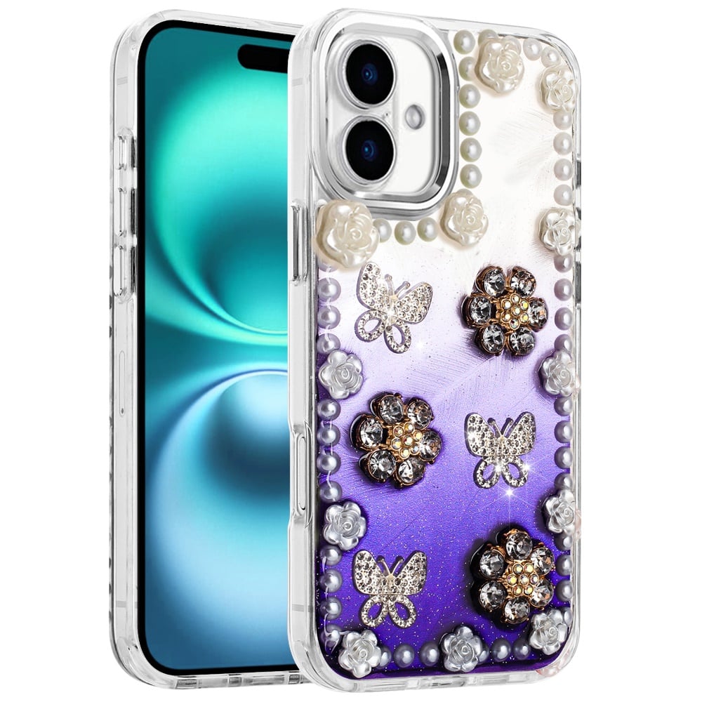 For Apple iPhone 17 (6.3") Bling Fashion Design with 3D Pearls Epoxy Glitter Ornaments Chrome Edge Hard Slim PC Case Cover