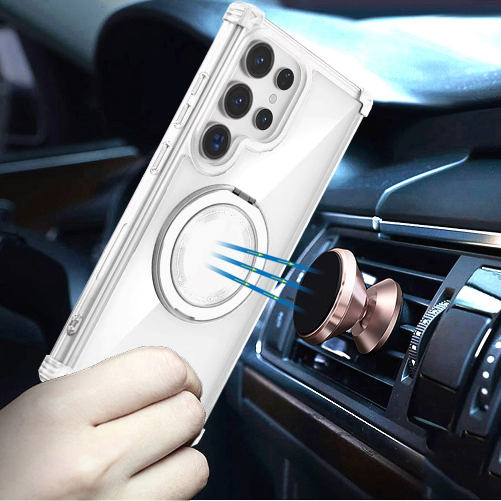 Phone Case for Samsung Galaxy S23 Ultra Magnetic Shockproof 360 Degree Rotational Ring Stand Protective Transparent Design Cover Clear