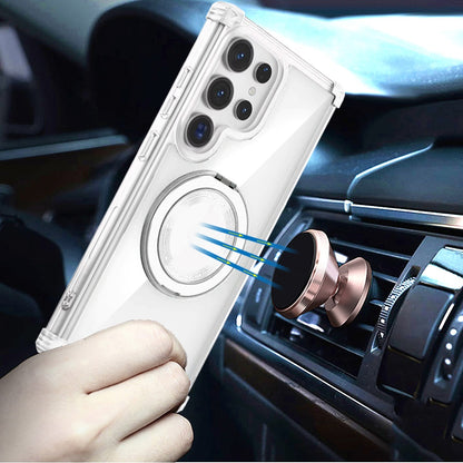 Phone Case for Samsung Galaxy S23 Ultra Magnetic Shockproof 360 Degree Rotational Ring Stand Protective Transparent Design Cover Clear