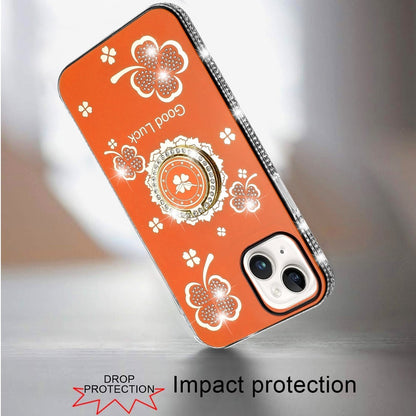 For iPhone 14/13 (6.1") Diamonds Bling All Around Edges Sparkly Glitter Hybrid with Ring Stand Holder Fashion Good Luck Case Cover Cosmic Orange