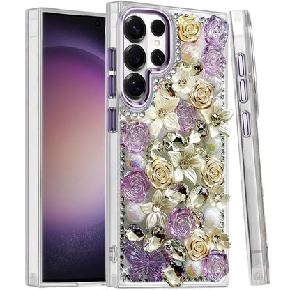 Phone Case for Samsung Galaxy S23 Ultra Luxury Rose Bling Rhinestone Glitter Floral Hybrid Shockproof Stylish Protective Designer Ornament Sparkle Cover Purple