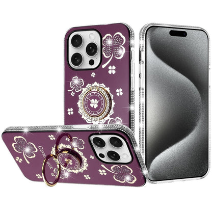 Phone Case for Apple iPhone 15 Pro Max Glitter Diamond Ring Stand Sparkle Rhinestone Edge AntiSlip Kickstand Luxury Fashion Bumper Shockproof Cover Red