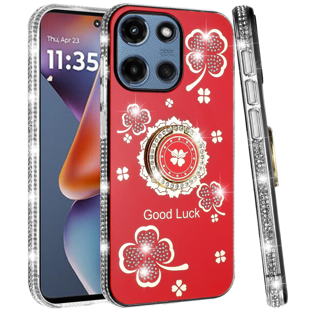For Motorola Moto G 5G 2025 Diamonds Bling All Around Edges Sparkly Glitter Hybrid with Ring Stand Holder Fashion Good Luck Case Cover