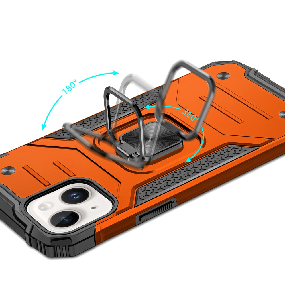 For iPhone 15 Plus (6.7") Armor Hybrid Magnetic Stand with Ring Holder Kickstand Shockproof Heavy-Duty Durable Rugged TPU Dual Layer Case Cover Cosmic Orange