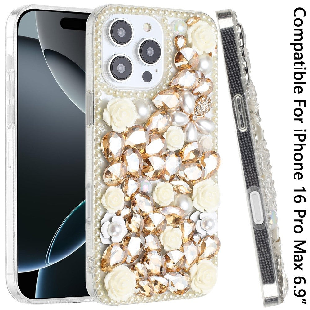 Phone Case for Apple iPhone 16 Pro Max Rose Flower Full Diamond Bling Rhinestone Glitter Luxury Stylish Sparkle Protective Designer Hybrid Cover Yellow
