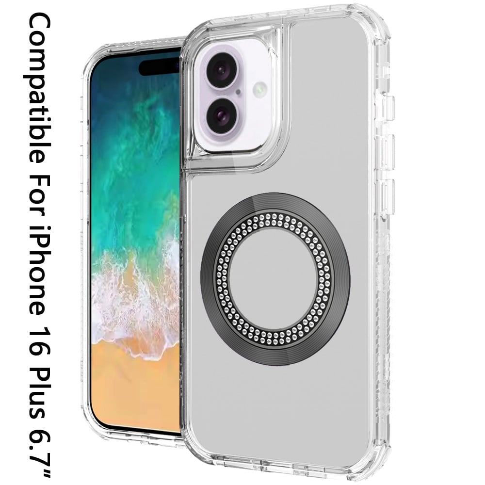 For Apple iPhone 16 Plus Magnetic Circle Compatible with Magsafe, Hybrid Chrome 3in1 Transparent Shockproof TPU Bumper Case Cover Clear