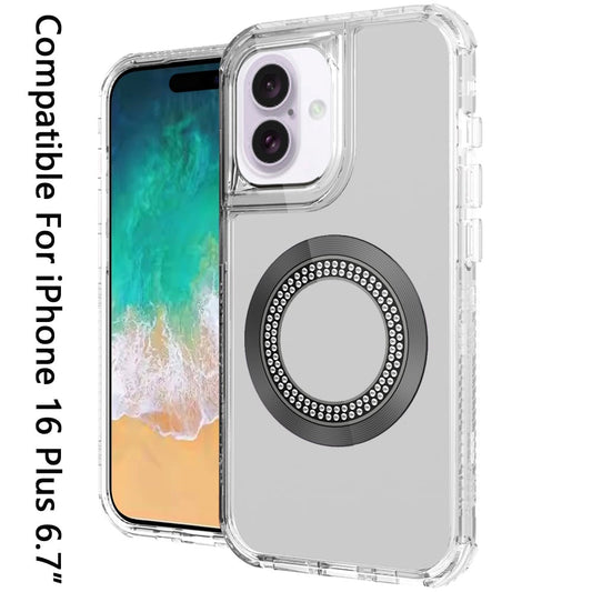For Apple iPhone 16 Plus Magnetic Circle Compatible with Magsafe, Hybrid Chrome 3in1 Transparent Shockproof TPU Bumper Case Cover Clear
