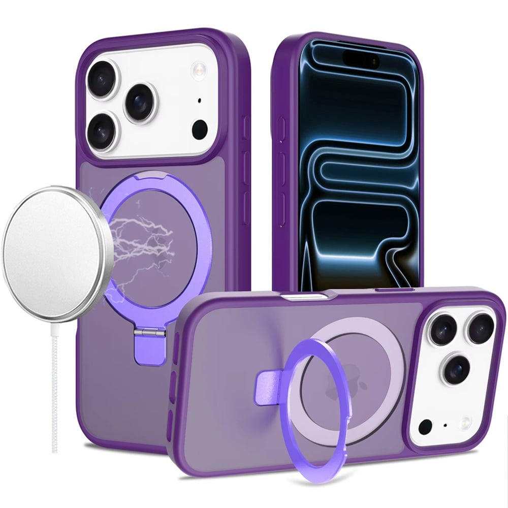 For Apple iPhone 17 Pro (6.3") Magnetic Circle Back with Ring Stand Full Rotation Matte Hybrid Shockproof Case Cover