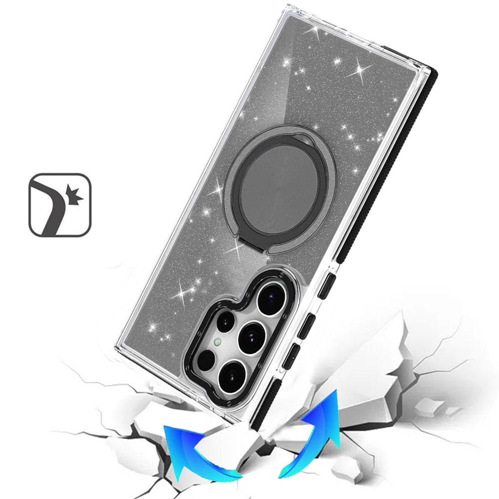 Phone Case for Samsung Galaxy S24 Ultra Magnetic Hybrid 360 Rotating Ring Kickstand Tough Hard PC Soft TPU Glitz Shimmer Glitter Shock Absorbing Cover Black