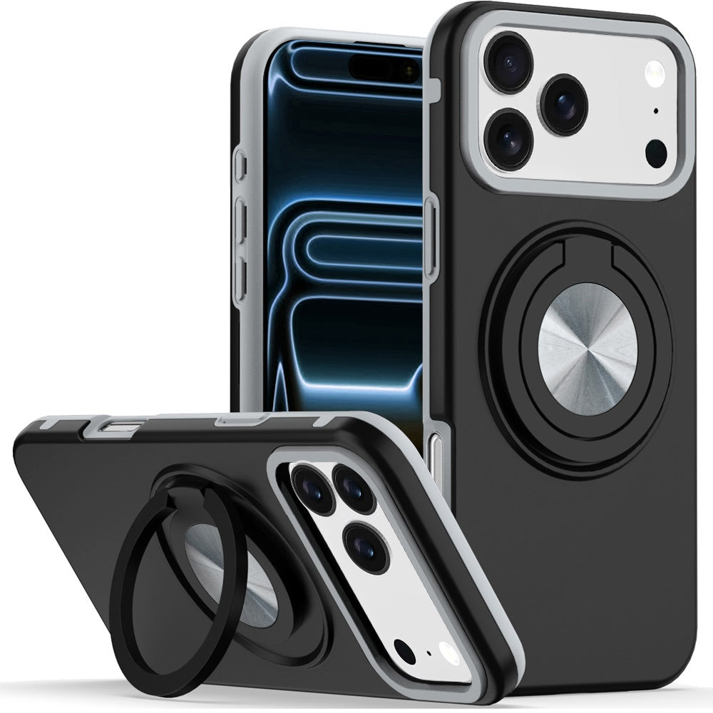 Phone Case for Apple iPhone 18 Pro Max Shockproof Magnetic Ring Stand Rotating CarMount Hybrid Metal Matte Finish AntiSlip Grip Kickstand Cover Black