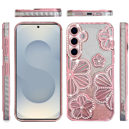 For Samsung Galaxy S26+ / S26 Plus Luxury Flower Design Sparkle Glitter Diamond Rhinestone Shimmer Bling Plating Thick TPU Hard PC Case Cover
