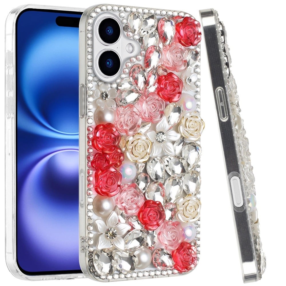 For Apple iPhone 17 (6.3") Fashion Rose Flower Floral, 3D Bling Crystal Full Diamonds Pearl Sparkle Rhinestone Glitter Hybrid Case Cover