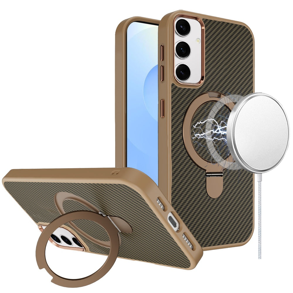For Apple iPhone 16e (E edition) Hybrid Carbon Fiber Design with MagSafe Compatible [Magnetic Circle], Ring Stand Shockproof Slim TPU Case Cover