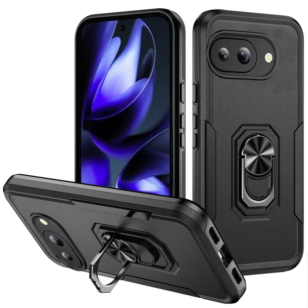 For Google Pixel 9A Hybrid Rugged Tough 2in1 Drop-Proof Protection Military Grade Armor with Metal Ring Stand Case Cover