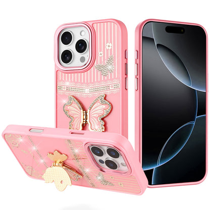 Phone Case for Apple iPhone 16 Pro Max Glitter Bling Butterfly Stand Metallic Edge Hybrid Shockproof Grip Durable Camera Protection Stylish Design Cover Light Pink