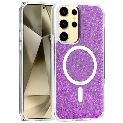 For Samsung Galaxy S25 Ultra Hybrid Epoxy Glitter Shiny Flower Design Stylish Fashion Case, Magnetic MagSafe Compatible, Shockproof Case Cover