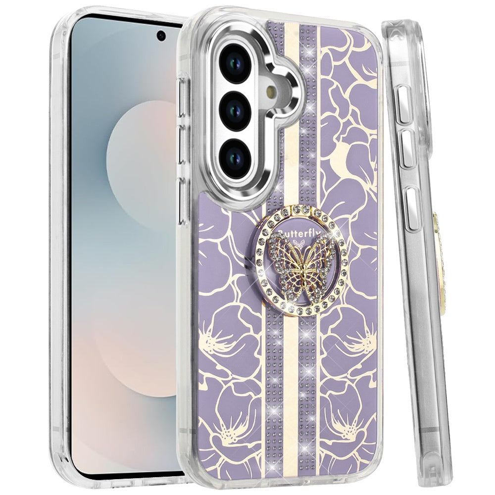 Phone Case for Samsung Galaxy S25 FE Fan Edition Floral Butterfly Ring Stand Glitter Bling Shockproof Hybrid Luxury Fashion Protective Anti Slip Durable Grip Cover Purple