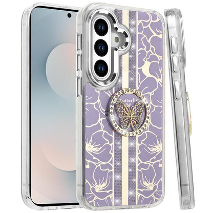 Phone Case for Samsung Galaxy S25 FE Fan Edition Floral Butterfly Ring Stand Glitter Bling Shockproof Hybrid Luxury Fashion Protective Anti Slip Durable Grip Cover Purple