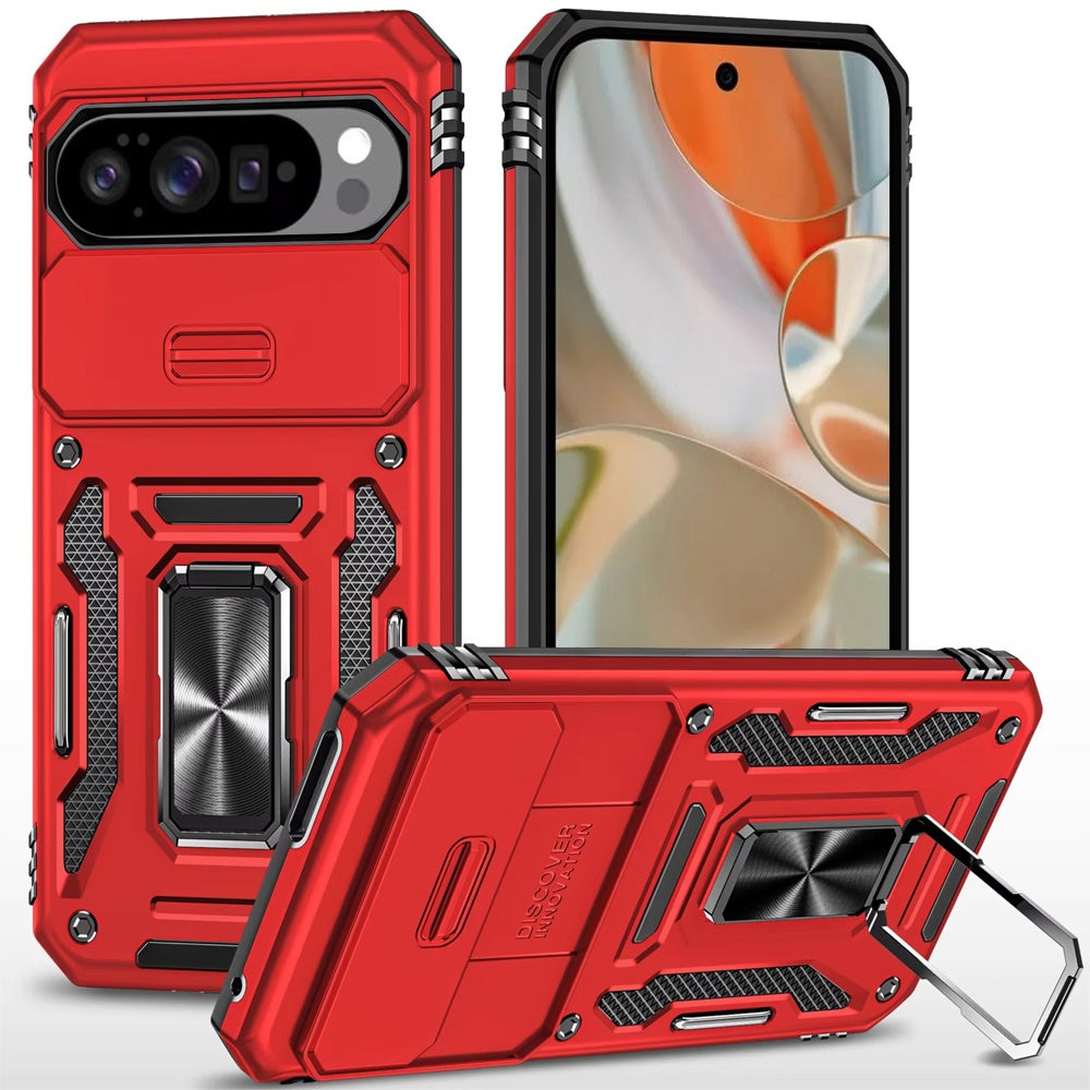 For Google Pixel 10 Pro XL Tough Hybrid Case with Movable Camera Window & Metal Ring Stand Shockproof Case Cover