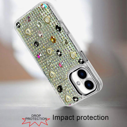 Phone Case for Apple iPhone 16 Chrome Fashion Hybrid Bling Diamond Heart Rhinestone Decorative Stones Sparkling Embellished Design Cover