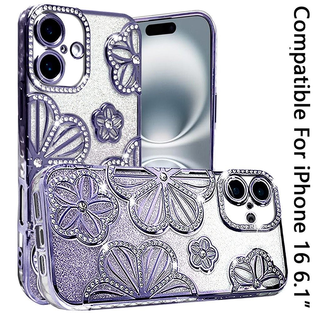 For iPhone 16 (6.1") Luxury Flower Design Sparkle Glitter Diamond Rhinestone Shimmer Bling Plating Thick TPU Hard PC Case Cover
