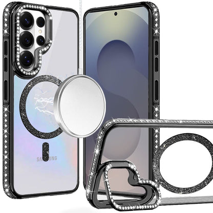 Phone Case for Samsung Galaxy S25 Ultra Luxury Diamond Bling Edged Magnetic Glitter Shockproof Hybrid with Camera Kickstand Durable Grip Cover