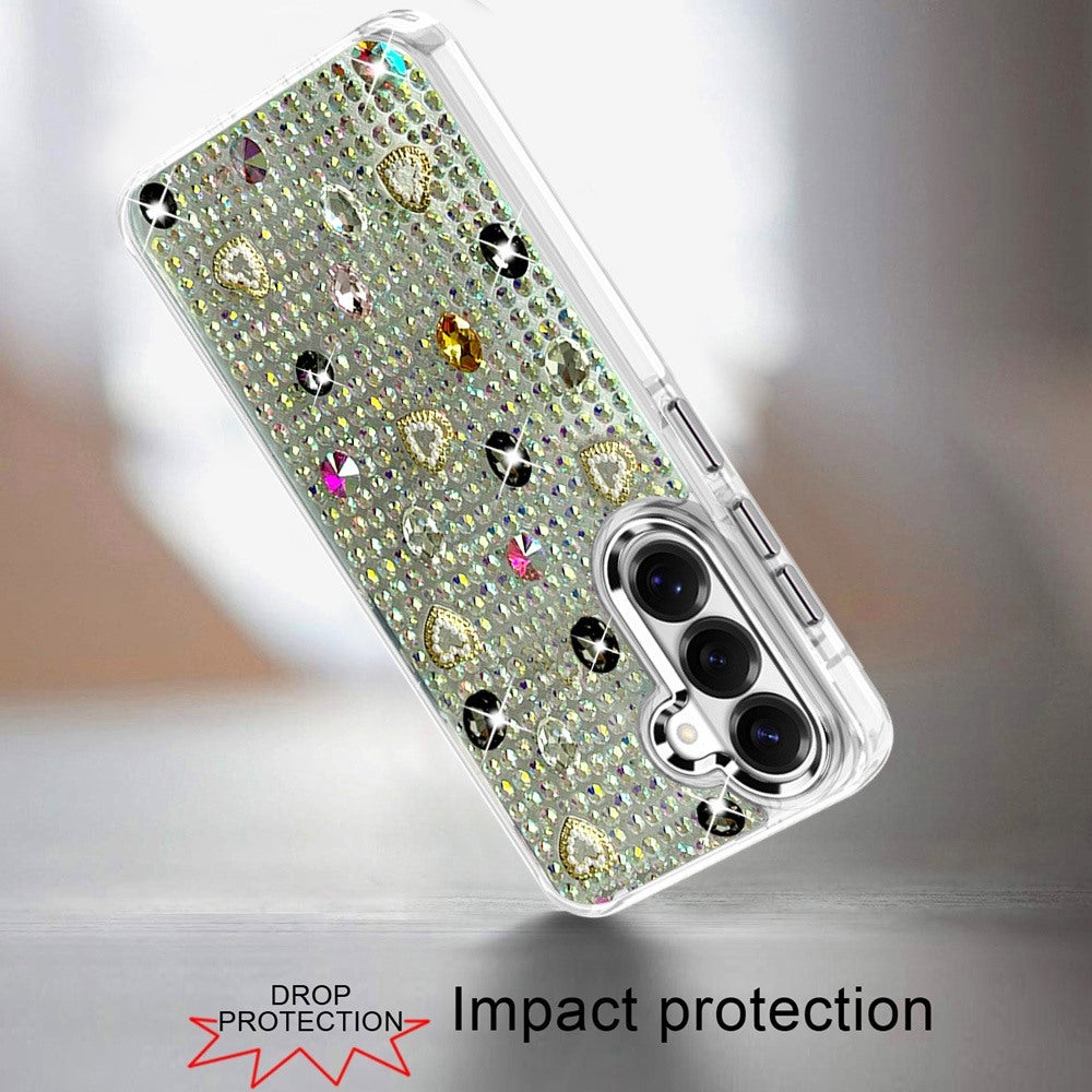 Phone Case for Samsung Galaxy S26 Chrome Fashion Hybrid Bling Diamond Heart Rhinestone Decorative Stones Sparkling Embellished Design Cover